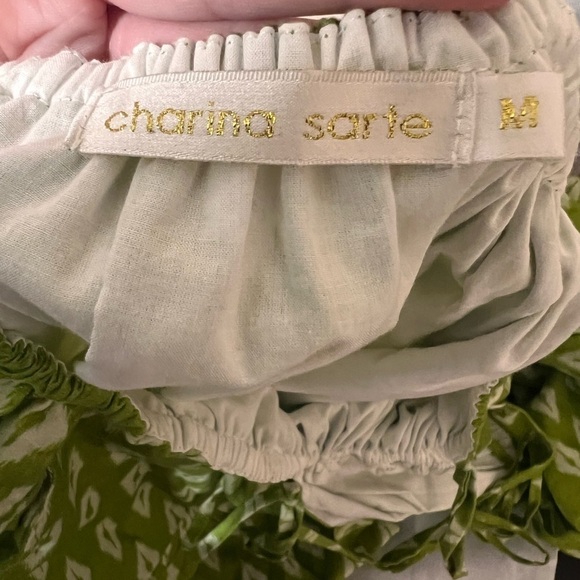 Charina Sarte Mini Cocktail Dress Printed Green Backless Pouf Sleeve Garden Sz M - Picture 7 of 8